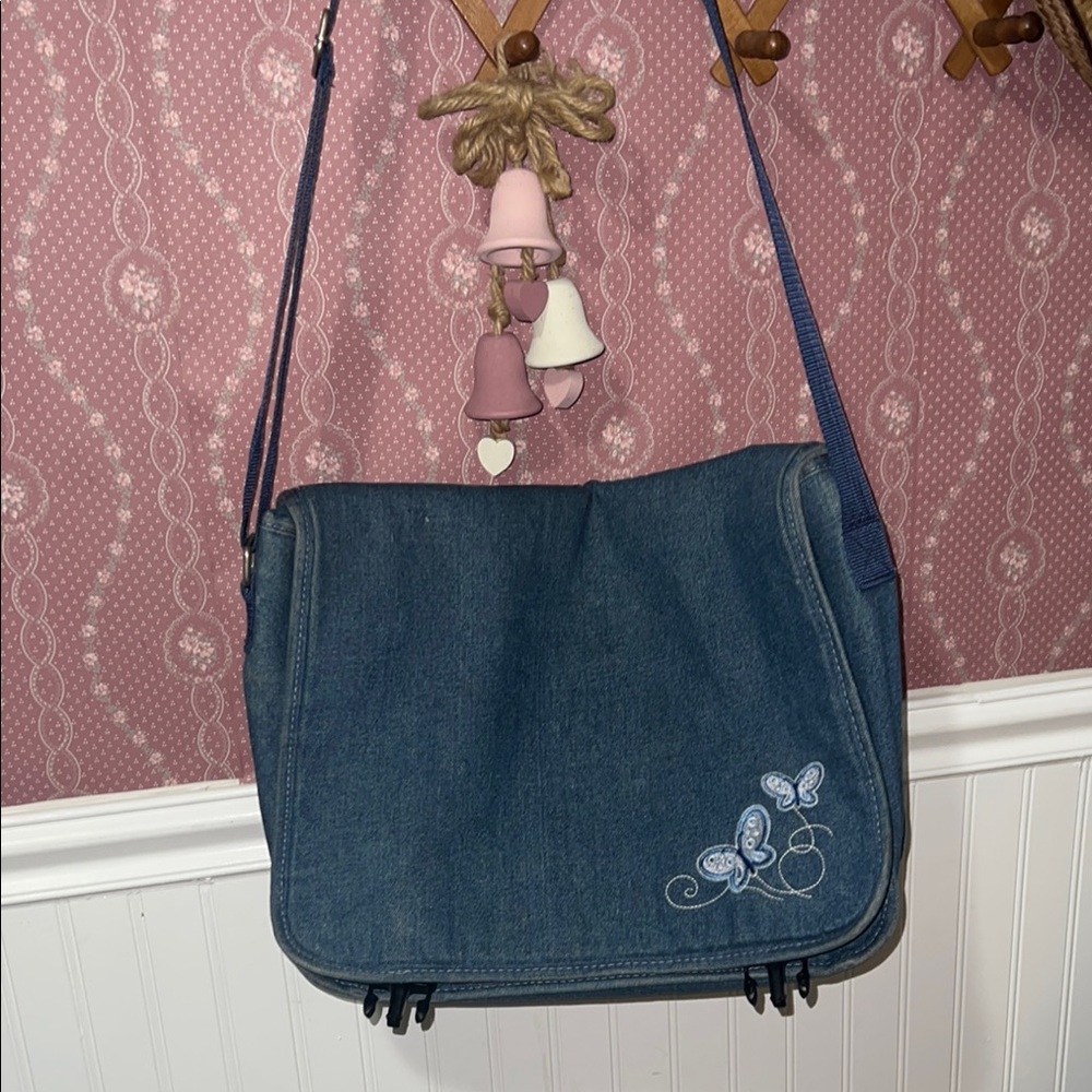 Blue Denim Shoulder Bag with Embroidered Butterflies